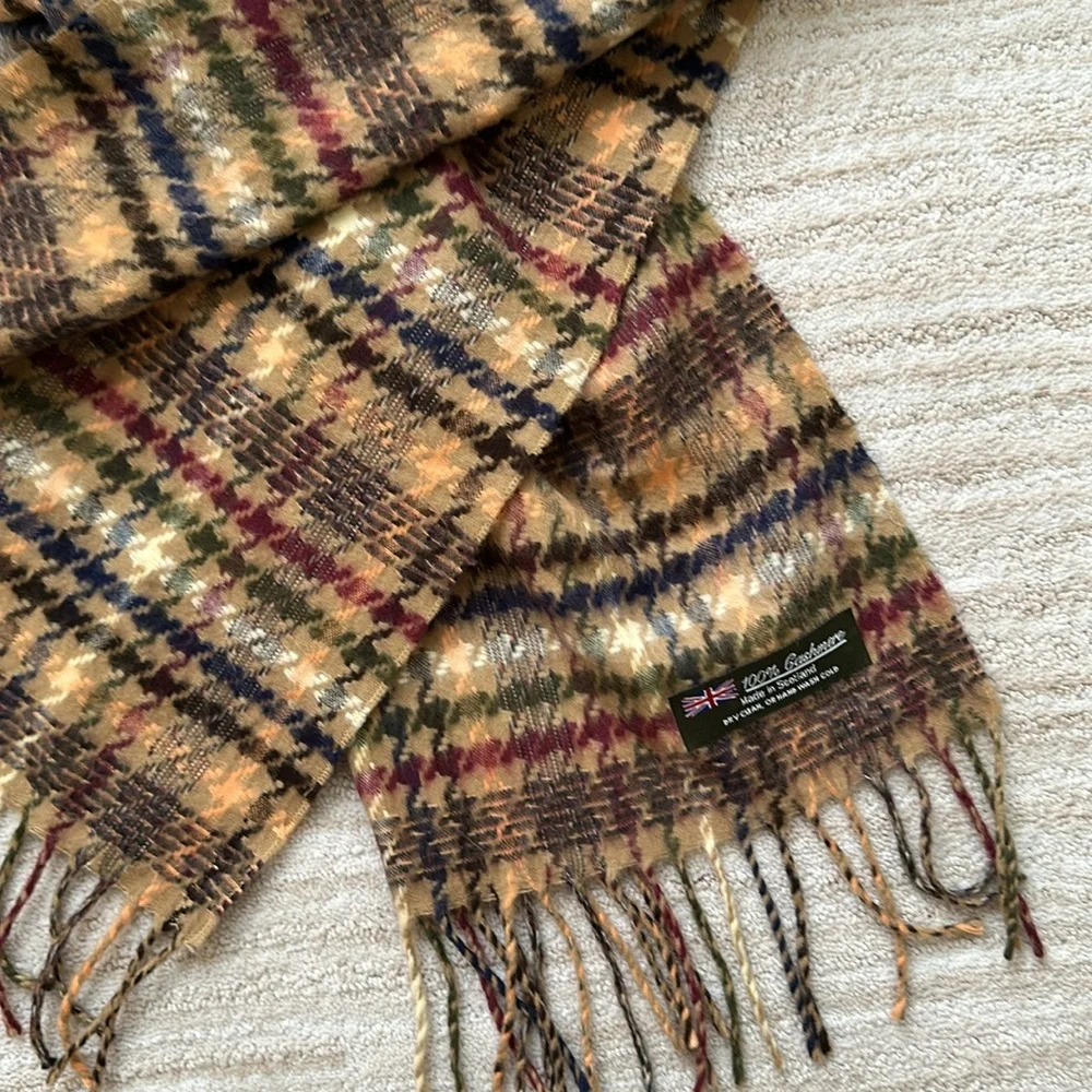 Made in Scotland 100% Cashmere Scarf Classic Tan and Multi Plaid Fringe Ends